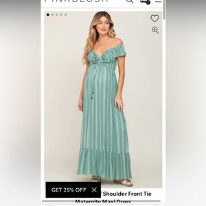 Pink Blush Maternity Dress- Green Striped Off Shoulder Front Tie Maternity Maxi